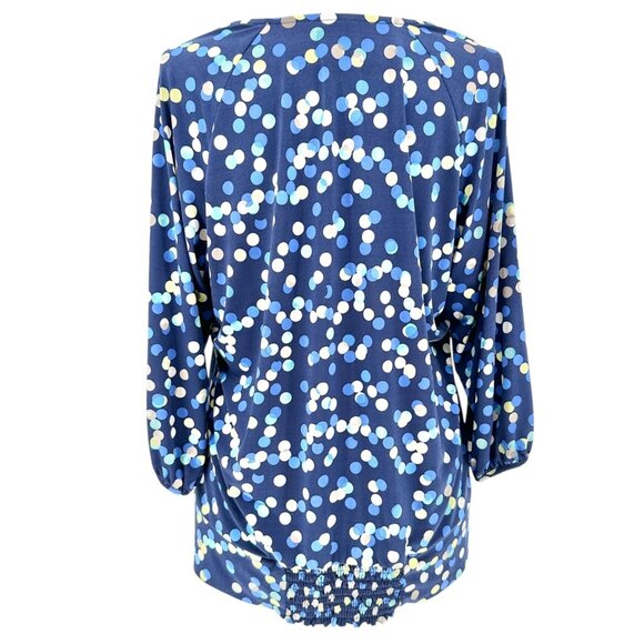 JM Collection Top Womens 2X Polka Dot Navy Blue LS Scoop Neck Keyhole Accent - Picture 2 of 9